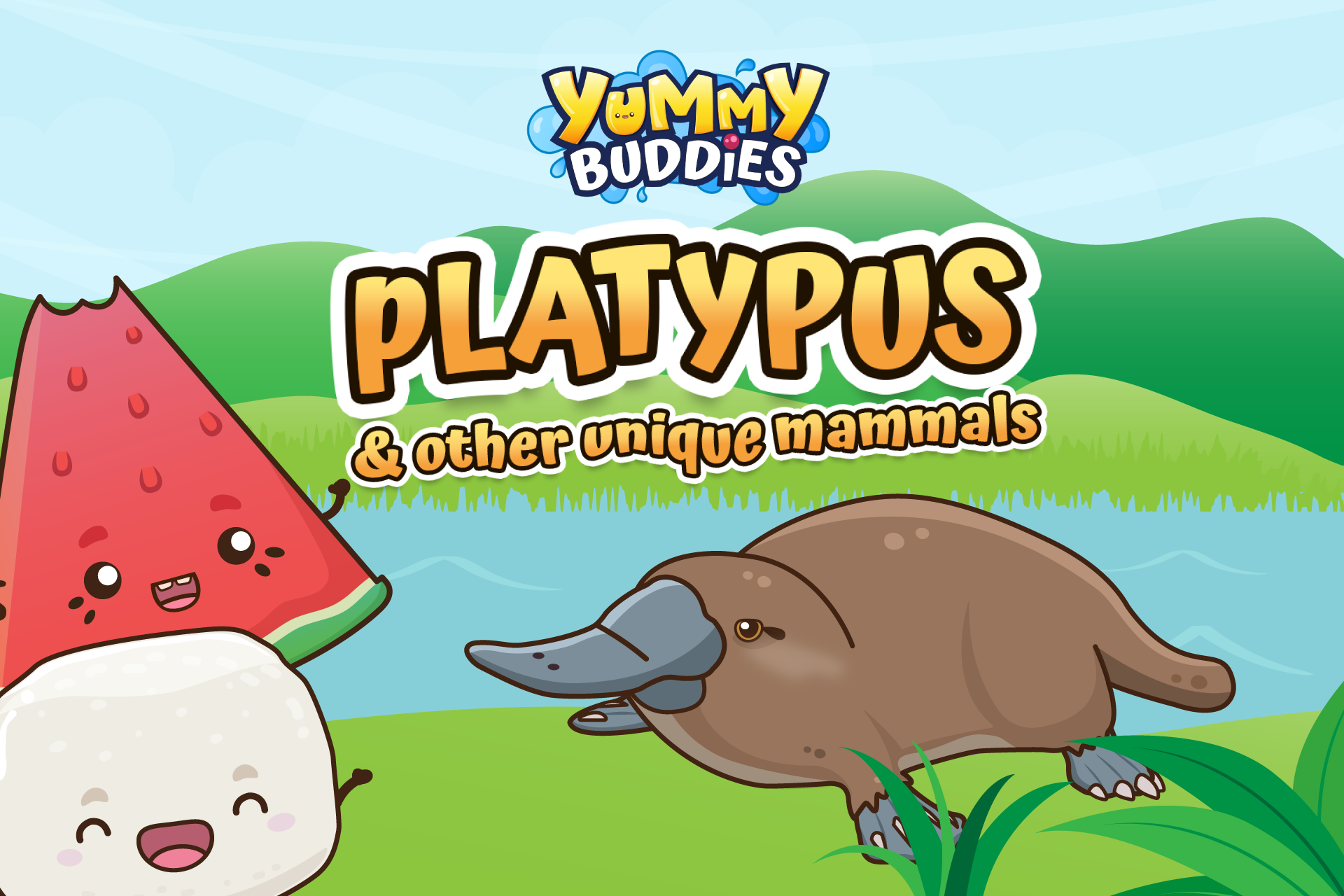 Title card for "PLATYPUS & other unique mammals" featuring Merry and Bouncy observing a platypus along a riverbank.